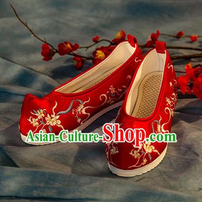 Chinese Handmade Red Embroidered Shoes Traditional Ming Dynasty Female Bow Shoes Hanfu Shoes Ancient Princess Shoes