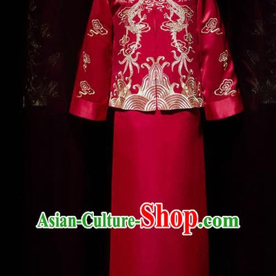 Chinese Bridegroom Embroidered Costume Traditional Wedding Garment Clothing Tang Suit Red Mandarin Jacket and Robe for Men