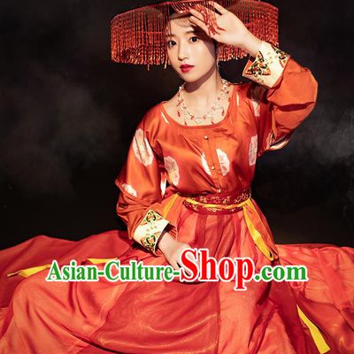 Chinese Ancient Tang Dynasty Young Lady Red Hanfu Dress Traditional Garment Nobility Female Historical Costumes for Women