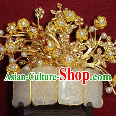 Traditional Chinese Handmade Jade Hair Crown Ancient Princess Hair Accessories Golden Hairpin Hair Comb for Women