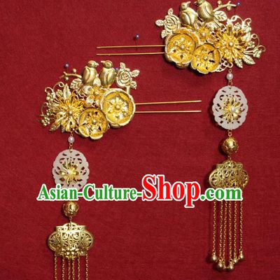 Traditional Chinese Handmade Jade Tassel Hairpins Ancient Princess Hair Accessories Golden Hair Clips for Women