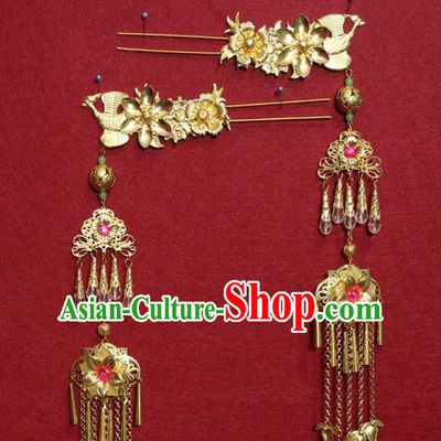 Traditional Chinese Handmade Golden Flowers Hairpins Ancient Queen Hair Accessories Tassel Hair Clip for Women
