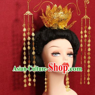 Traditional Chinese Ancient Empress Golden Lotus Tassel Phoenix Coronet Handmade Hair Jewelry Hair Accessories Hair Fascinators for Women