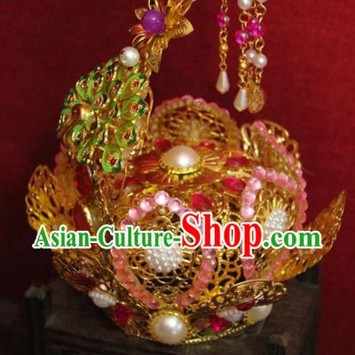 Traditional Chinese Handmade Pink Crystal Hair Crown Ancient Queen Hair Accessories Golden Cloisonne Phoenix Coronet for Women