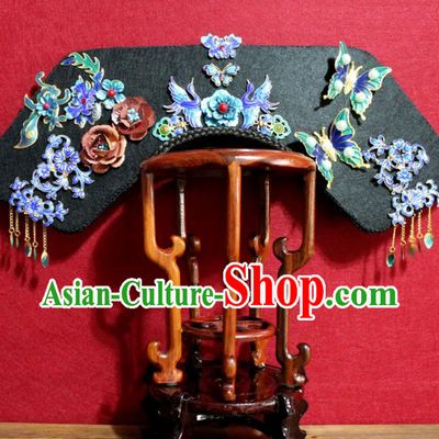 Chinese Ancient Qing Dynasty Queen Hair Jewelry Traditional Handmade Hairpins Hair Accessories Cloisonne Crane Butterfly Phoenix Coronet Complete Set