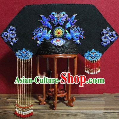 Chinese Ancient Imperial Consort Cloisonne Phoenix Coronet Hair Jewelry Traditional Handmade Hairpins Qing Dynasty Queen Hair Accessories Complete Set