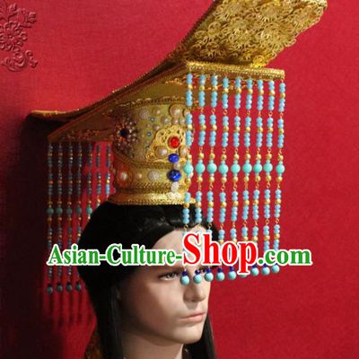 Traditional Chinese Ancient Emperor Blue Beads Tassel Hat Handmade Tang Dynasty Monarch Hair Accessories Golden Royal Crown for Men