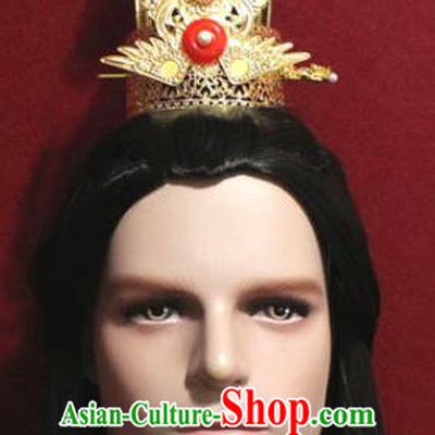 Traditional Chinese Ancient Prince Ruby Hairdo Crown and Hairpin Handmade Ming Dynasty Noble Childe Golden Hair Accessories for Men