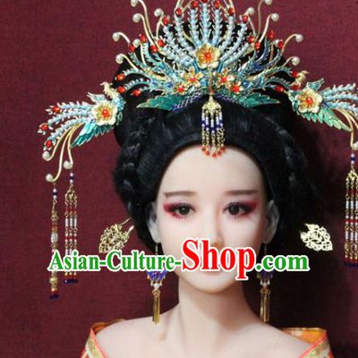 Chinese Ancient Imperial Consort Phoenix Coronet Hair Jewelry Traditional Handmade Tassel Hairpins Ming Dynasty Queen Blueing Hair Accessories Complete Set