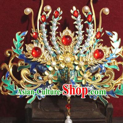 Traditional Chinese Handmade Pearls Tassel Phoenix Hairpins Ancient Qing Dynasty Imperial Consort Hair Accessories Hair Crown for Women