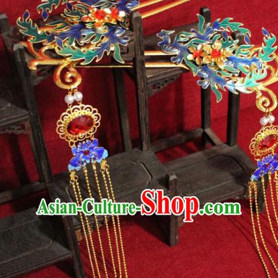 Traditional Chinese Handmade Tassel Hairpins Ancient Qing Dynasty Imperial Consort Hair Accessories Blueing Hair Clip for Women