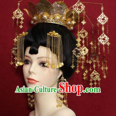 Traditional Chinese Ancient Empress Golden Lotus Phoenix Coronet Hair Crown Handmade Hair Jewelry Hairpins Hair Accessories for Women