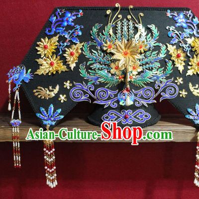 Chinese Ancient Imperial Consort Cloisonne Phoenix Coronet Hair Jewelry Traditional Handmade Hairpins Qing Dynasty Queen Hair Accessories Complete Set
