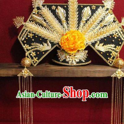 Chinese Ancient Imperial Consort Golden Peony Phoenix Coronet Hair Jewelry Traditional Handmade Hairpins Qing Dynasty Queen Hair Accessories Complete Set