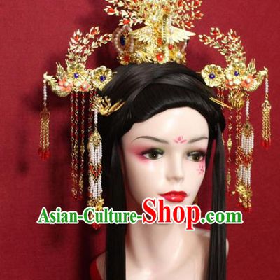 Traditional Chinese Ancient Queen Golden Phoenix Coronet Hair Crown Handmade Hair Jewelry Hairpins Red Crystal Hair Accessories for Women