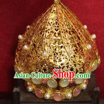 Traditional Chinese Handmade Chalcedony Hair Crown Ancient Queen Golden Phoenix Coronet Gems Hair Accessories for Women