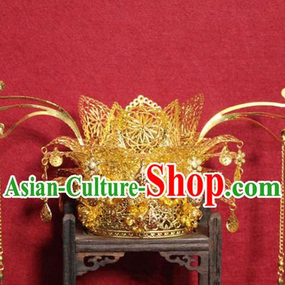 Traditional Chinese Ancient Empress Hair Accessories Golden Tassel Phoenix Coronet Handmade Hair Jewelry Hair Fascinators for Women