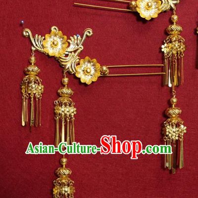 Traditional Chinese Handmade Golden Flowers Tassel Hair Clip Ancient Queen Hair Accessories Hairpin for Women