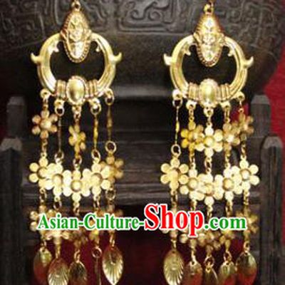 Traditional Chinese Ancient Princess Golden Flowers Tassel Earrings Handmade Jewelry Accessories Eardrop for Women