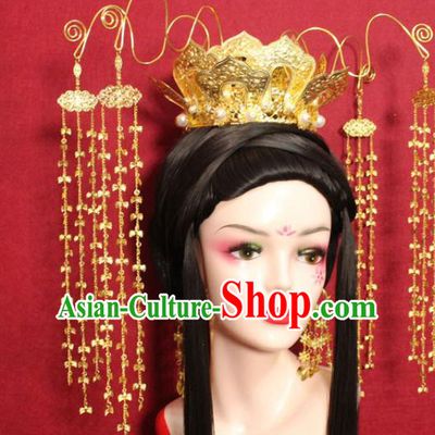 Traditional Chinese Ancient Empress Hair Accessories Golden Lotus Tassel Phoenix Coronet Handmade Hair Jewelry Hair Fascinators for Women