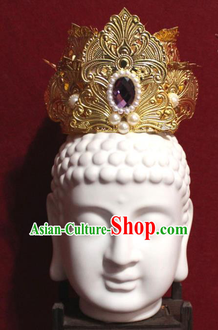 Traditional Chinese Handmade Buddhist Statues Purple Crystal Hair Crown Golden Lotus Hair Accessories Traditional Chinese Handmade Buddhist Statues Purple Crystal Hair Crown Golden Lotus Hair Accessories