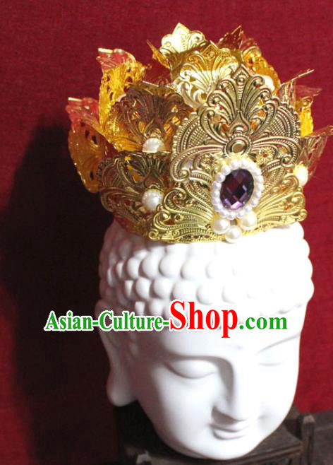 Traditional Chinese Handmade Buddhist Statues Purple Crystal Hair Crown Golden Lotus Hair Accessories Traditional Chinese Handmade Buddhist Statues Purple Crystal Hair Crown Golden Lotus Hair Accessories