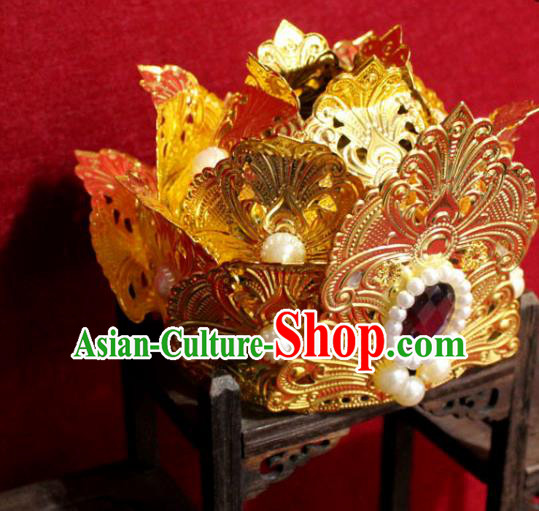 Traditional Chinese Handmade Buddhist Statues Purple Crystal Hair Crown Golden Lotus Hair Accessories Traditional Chinese Handmade Buddhist Statues Purple Crystal Hair Crown Golden Lotus Hair Accessories