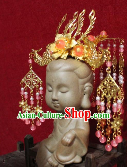 Traditional Chinese Handmade Buddhist Statues Golden Phoenix Hair Crown Tassel Hair Accessories Traditional Chinese Handmade Buddhist Statues Golden Phoenix Hair Crown Tassel Hair Accessories
