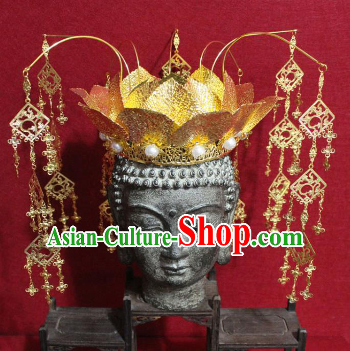 Traditional Chinese Handmade Buddhist Statues Phoenix Hair Crown Golden Lotus Tassel Hair Accessories Traditional Chinese Handmade Buddhist Statues Phoenix Hair Crown Golden Lotus Tassel Hair Accessories