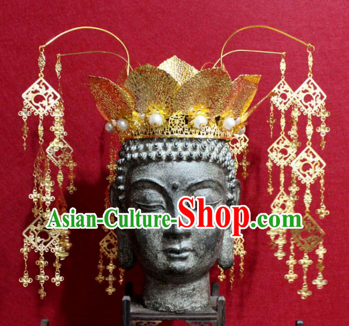 Traditional Chinese Handmade Buddhist Statues Phoenix Hair Crown Golden Lotus Tassel Hair Accessories Traditional Chinese Handmade Buddhist Statues Phoenix Hair Crown Golden Lotus Tassel Hair Accessories