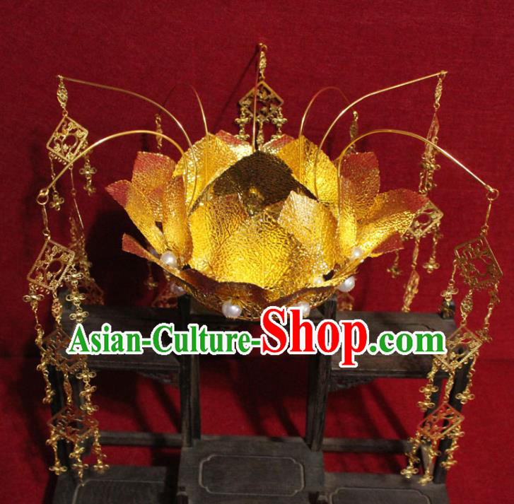 Traditional Chinese Handmade Buddhist Statues Phoenix Hair Crown Golden Lotus Tassel Hair Accessories Traditional Chinese Handmade Buddhist Statues Phoenix Hair Crown Golden Lotus Tassel Hair Accessories