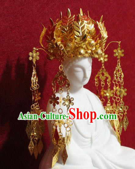 Traditional Chinese Handmade Buddhist Statues Phoenix Hair Crown Golden Wheat Tassel Hair Accessories Traditional Chinese Handmade Buddhist Statues Phoenix Hair Crown Golden Wheat Tassel Hair Accessories