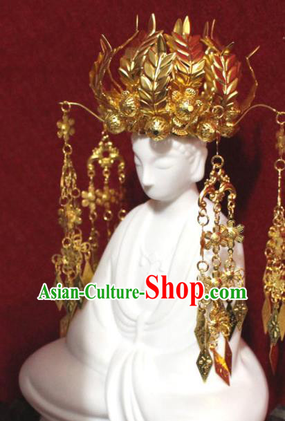Traditional Chinese Handmade Buddhist Statues Phoenix Hair Crown Golden Wheat Tassel Hair Accessories Traditional Chinese Handmade Buddhist Statues Phoenix Hair Crown Golden Wheat Tassel Hair Accessories