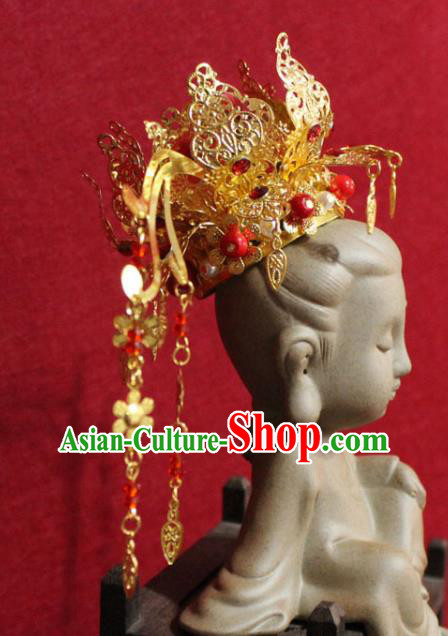 Traditional Chinese Handmade Buddhist Statues Phoenix Hair Crown Red Crystal Hair Accessories Traditional Chinese Handmade Buddhist Statues Phoenix Hair Crown Red Crystal Hair Accessories