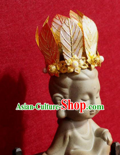 Traditional Chinese Handmade Buddhist Statues Hair Crown Golden Leaf Hair Accessories Headwear Traditional Chinese Handmade Buddhist Statues Hair Crown Golden Leaf Hair Accessories Headwear
