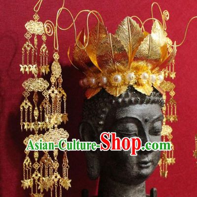 Traditional Chinese Handmade Golden Lotus Hair Crown Buddhist Statues Tassel Hairpins Hair Accessories Headwear