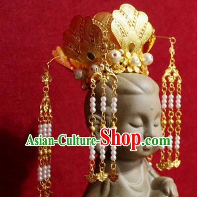 Traditional Chinese Handmade Beads Tassel Hair Crown Buddhist Statues Hairpins Golden Hair Accessories Headwear