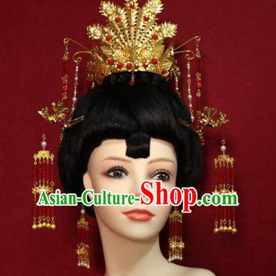 Traditional Chinese Ancient Queen Golden Phoenix Coronet Handmade Hair Jewelry Red Beads Tassel Hairpins Hair Accessories for Women