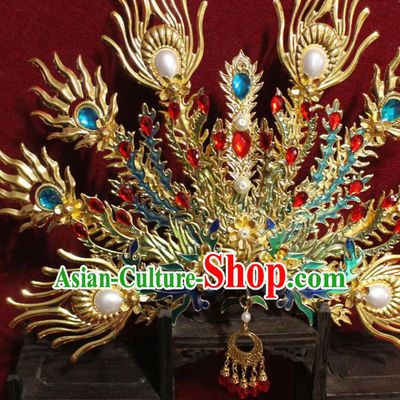 Traditional Chinese Handmade Cloisonne Phoenix Hair Crown Golden Hairpins Hair Accessories Headwear for Women