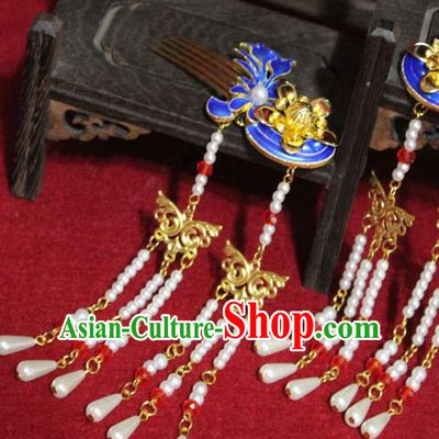 Traditional Chinese Handmade Cloisonne Hair Combs Ancient Queen Pearls Tassel Hairpins Hair Accessories Headwear for Women