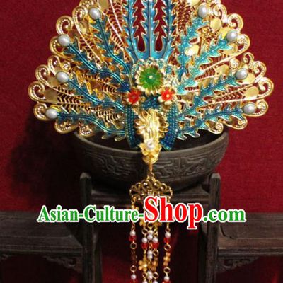 Traditional Chinese Handmade Cloisonne Phoenix Hair Crown Ancient Queen Golden Tassel Hairpins Hair Accessories Court Headwear for Women