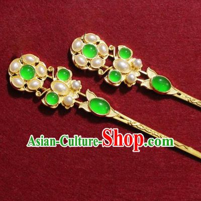 Traditional Chinese Handmade Pearls Hair Clip Ancient Queen Hair Accessories Chrysoprase Hairpins Headwear for Women