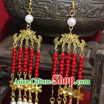 Traditional Chinese Ancient Princess Red Beads Tassel Earrings Handmade Jewelry Accessories Golden Flowers Eardrop for Women