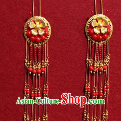 Traditional Chinese Handmade Red Beads Tassel Hairpins Ancient Qing Dynasty Imperial Consort Hair Accessories Headwear Hair Clips for Women