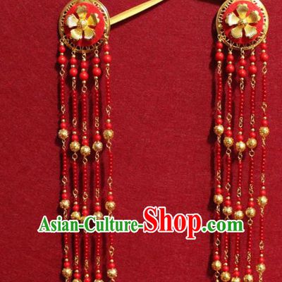 Traditional Chinese Handmade Hairpins Ancient Qing Dynasty Imperial Consort Hair Accessories Headwear Red Beads Tassel Hair Clips for Women