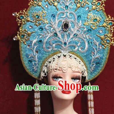 Traditional Chinese Ancient Queen Blue Phoenix Coronet Handmade Hair Jewelry Tassel Hair Accessories Complete Set