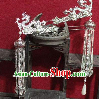 Traditional Chinese Handmade Argent Tassel Hairpins Ancient Qing Dynasty Imperial Consort Hair Accessories Dragon Hair Clip for Women