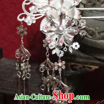 Traditional Chinese Handmade Argent Flowers Tassel Hairpins Ancient Qing Dynasty Imperial Consort Hair Accessories Hair Clip for Women