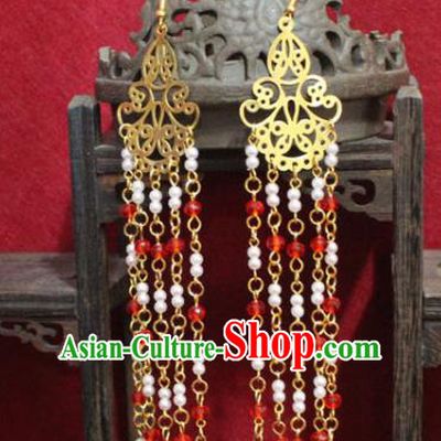 Traditional Chinese Ancient Princess Beads Tassel Earrings Handmade Jewelry Accessories Golden Eardrop for Women