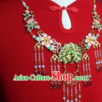 Traditional Chinese Ancient Princess Pink Beads Tassel Necklace Handmade Jewelry Accessories Cloisonne Peacock Necklet for Women
